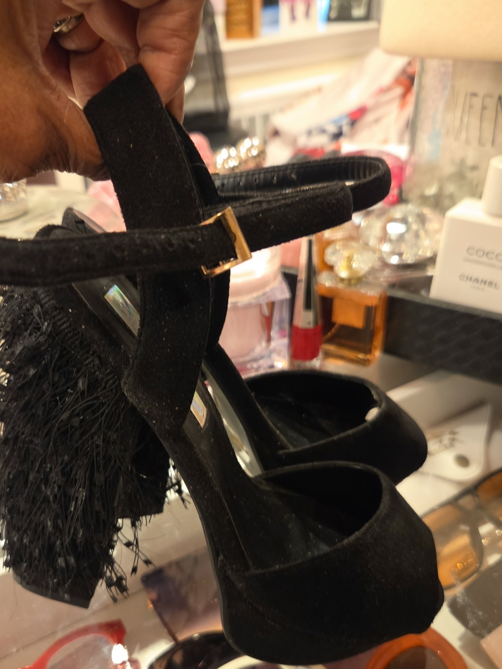 Women’s Black Velvet Fringe Block Heel